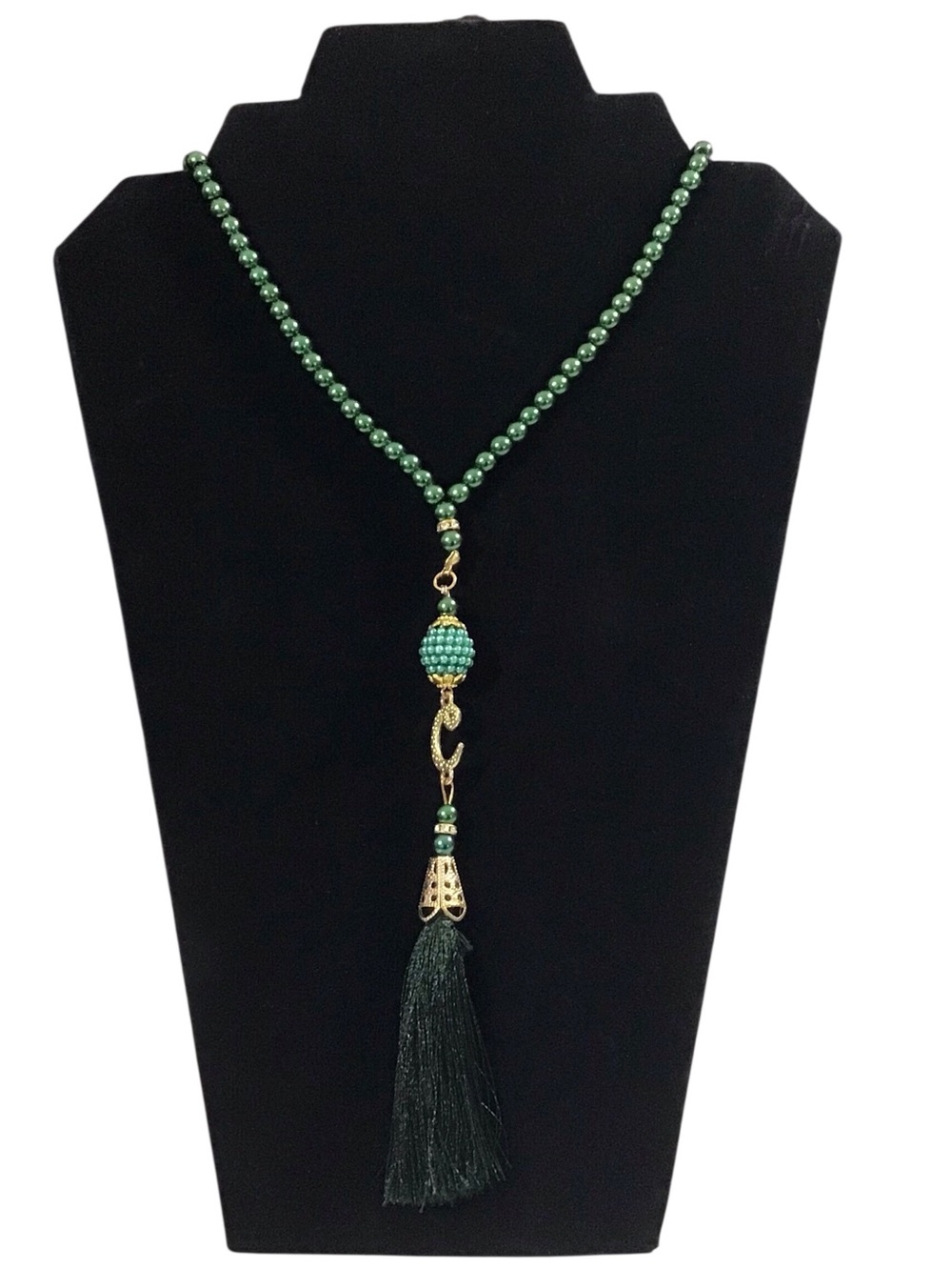 Dark Emerald Green Beaded Tassel Necklace Gold Accent Fashion Jewelry